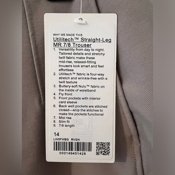 Utilitech ™ Straight-Leg MR 7/8 Trouser Size 14 (Lululemon) - Picture 3 of 4